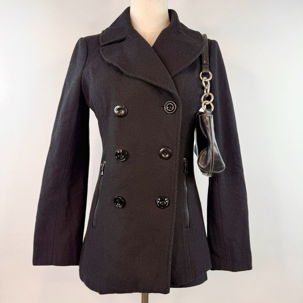 Black Rivet Wool Peacoat Double Breasted Collared Y2K Grunge Dark Academia XS